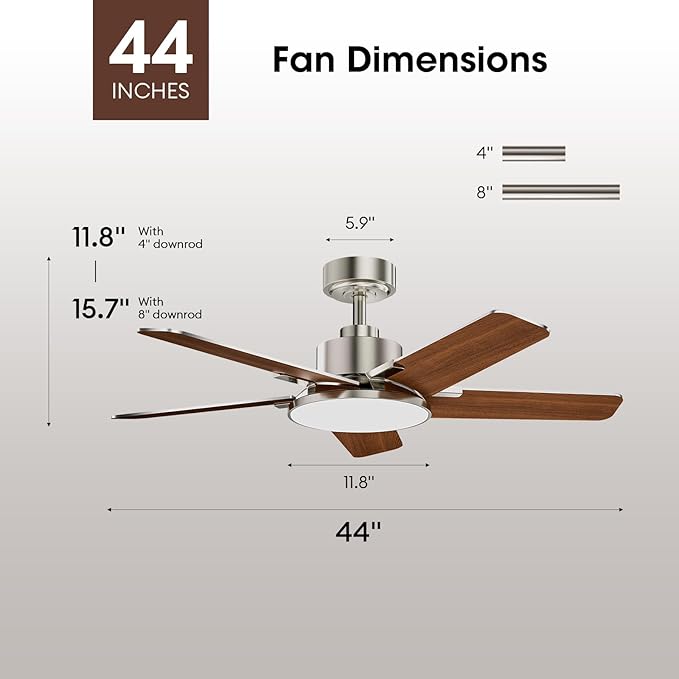 Fanbliss 44 Inch Ceiling Fans with Lights, Modern Nickel Ceiling Fan with Dimmable LED, 6 Speeds, Timer, Quiet Reversible DC Motor, Remote Control Ceiling Fan for Bedroom, Living Room and Kitchen