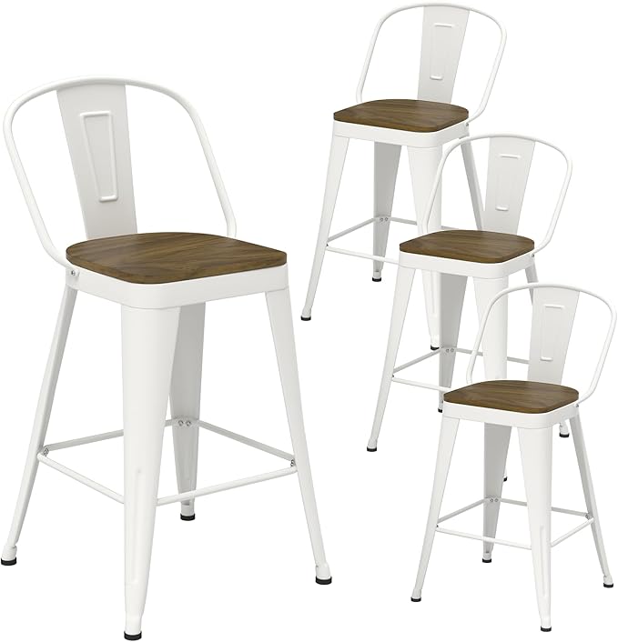 Metal Bar Stools Set of 4, High Back Bar Stools with Wooden Seat, 30 inch White Barstools for Kitchen Island