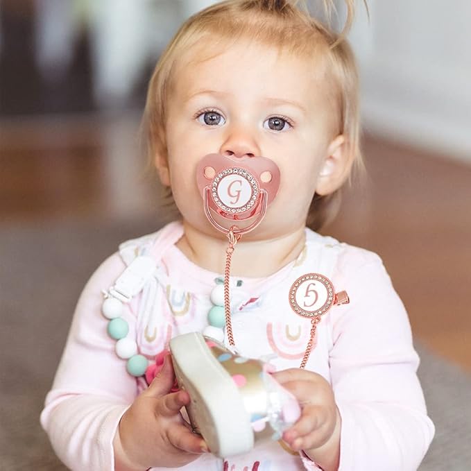 Bling Personalized Pink Baby Pacifier with Pacifier Clips and Anti-dust Cover A-Z 26 Letters(Pink,G)