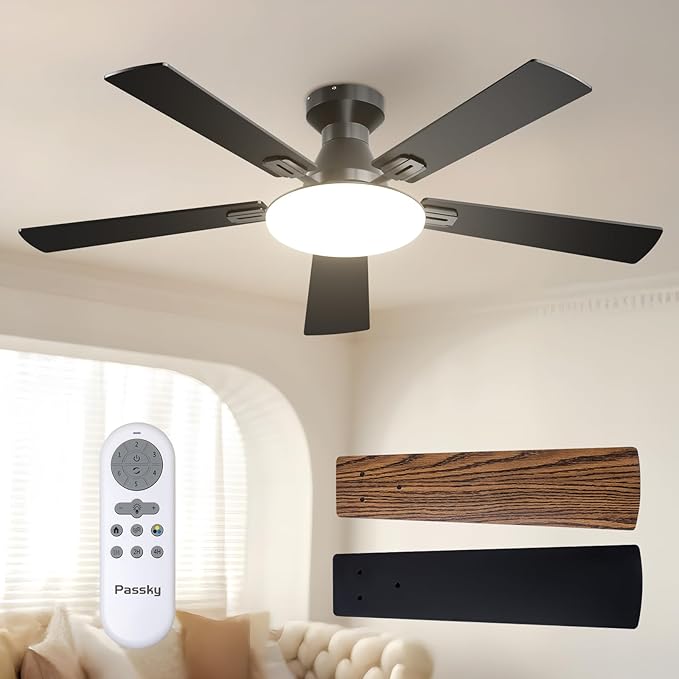 Passky Ceiling Fans with Lights, 52 inch Flush Mount Ceiling fan with Remote Control, Low Profile Ceiling Fan for Bedroom, Farmhouse, Reversible, 3CCT, Dimmable, Noiseless DC Motor, Black