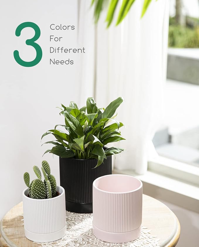 LaDoVita 3 Pack Ceramic Plant Pots 6/5/4 inch, Flowerpot for Indoor Plants with Drainage Holes and Tray, Outdoor Garden Planters, Modern Decorative for Home, White Vertical Stripes