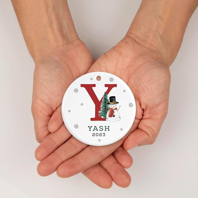 Andaz Press Personalized Ornament, Custom Name, Initial Y Monogram Snowman 2.8" Ceramic Porcelain 2025 Christmas Ornament Keepsake for Kids, Boys, Girls, Includes Gold Ribbon & Gift Box, 1-Pack