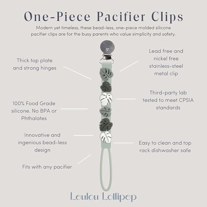 Loulou Lollipop Beadless Silicone Pacifier Clip (Monstera, Green)