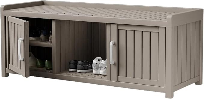 Storage Bench - Waterproof Resin Shoe Bench with Adjustable Shelves - Indoor & Outdoor Use, 2 Doors Entryway Bench with Hidden Storage Space - Storage Cabinet for Bedroom, Hallway, Grey