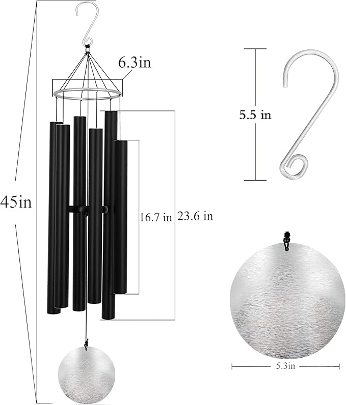 ASTARIN Outdoor Deep Tone,45Inch Sympathy Wind Chimes for Outside with 6 Tubes Tuned Relaxing Melody,Memorial Wind Chimes Large for Mom,Garden Decor,Black