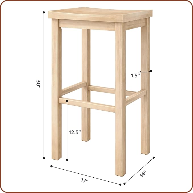 Grain & Grove Smith Collection Solid Wood Bar Stool, 30 inch Saddle-Seat Bar Chair, Backless, Heavy-Duty Construction, Footrest Support, Ideal for Kitchen Islands, Home Bars, and Counters, Blonde