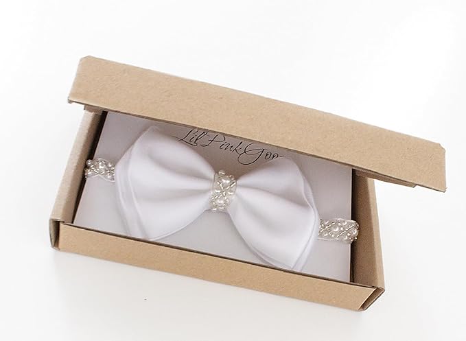 0-12 Newborn Baby Baptism Pearl Headband or Clip with Bow in WHITE Christening Headband with Satin Bow, Pearl Rhinestone Band (White(0-3Months), 1 Count (Pack of 1))