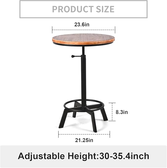 Vintage Bar Table 30-35.4inch Height Adjustable Industrial Bistro Table Retro Dinning Table for Kitchen Coffee House Pub Swivel Wooden Top