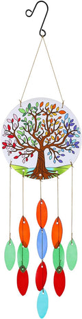 Tree of Life Glass Wind Chimes for Outside, Fall Leaves Windchimes Outdoors Unique Suncatcher, Small Sea Glass Art Wind Chimes Outdoor Gifts for Women, Hanging Outdoor Garden Christmas Decoration Gift