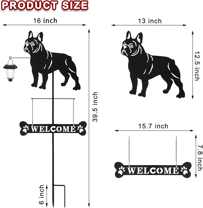 BAYN Solar French Bulldog Silhouette Dog Breed Welcome Sign with a Lantern Outdoor Decorative Garden Stakes for Yard, Lawn, Patio, Pathway