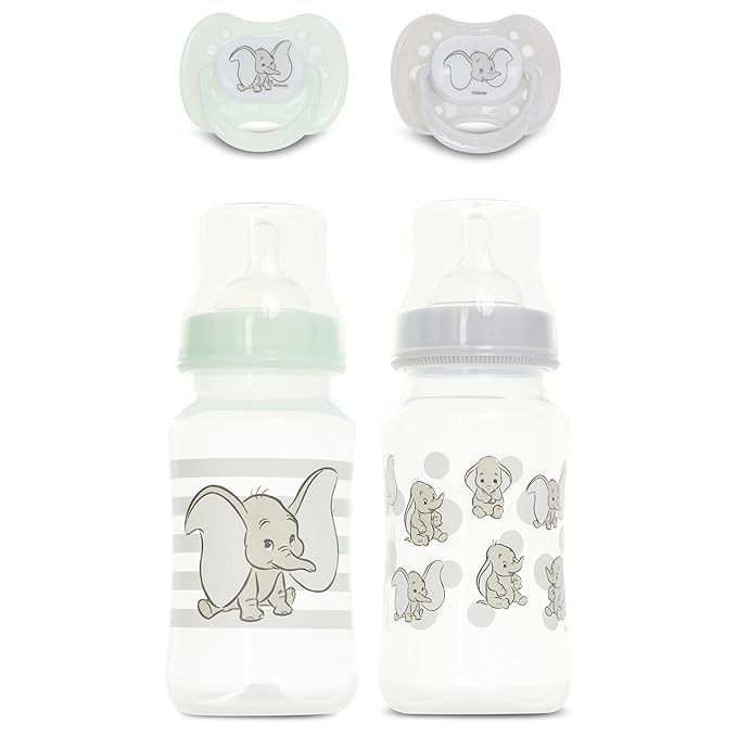 Disney Baby Bottles and Pacifiers Set – 2 Hourglass-Shaped 11oz Bottles + 2 Orthodontic Pacifiers – Officially Licensed Mickey, Minnie, Pooh & Dumbo Designs – BPA-Free Feeding Gift Set