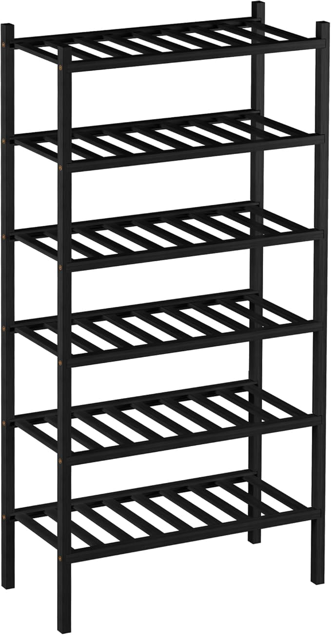 6-Tier Bamboo Small Shoe Rack, Free Standing Wood Shoe Shelf Storage Organizer for Closet Entryway Stackable (Black)