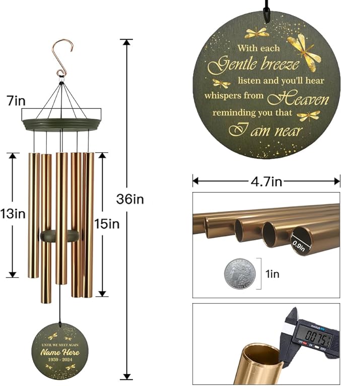 Personalized Sympathy Wind Chimes, 36inch Dragonfly Memorial Wind Chimes, Loss of Loved Ones, in Memory of Dad/Mom/Husband/Wife, Commemorative Gifts (Produced in USA)