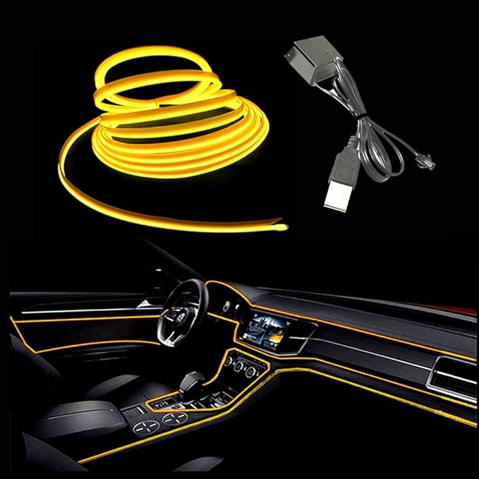El Wire Yellow Interior Car LED Strip Lights, 3M Neon Wire USB 5V with Fuse Protection for Automotive Interior Decoration, with 6mm Sewing Edge