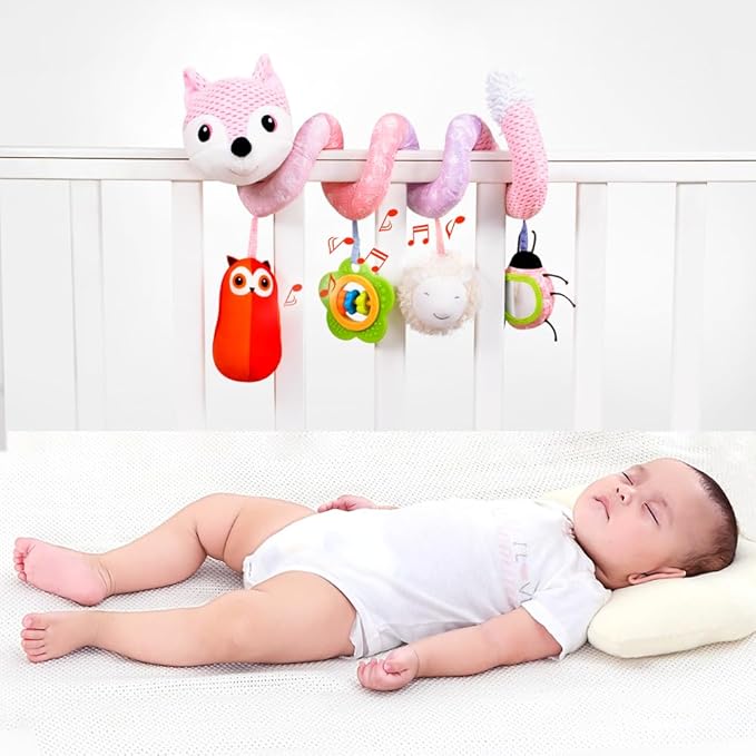 Koty Car Seat Toys, Infant Baby Spiral Plush Activity Hanging Toy for Stroller Bar Pram Crib with Music Box BB Squeaker & Rattles(Pink Fox)