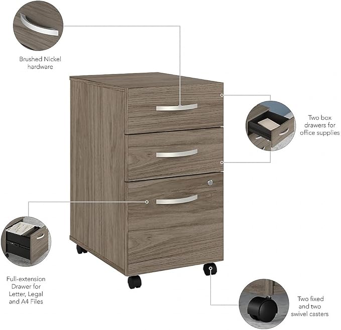 Bush Business Furniture Studio C 3 Drawer Mobile File Cabinet in Modern Hickory - Assembled, Rolling Document Storage for Home or Professional Office