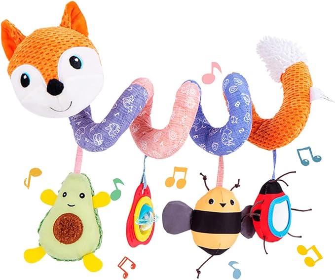 Koty Car Seat Toys, Infant Baby Spiral Plush Activity Hanging Toy for Stroller Bar Pram Crib with Music Box BB Squeaker & Rattles(Orange Fox)