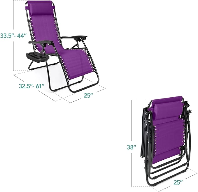 Best Choice Products Set of 2 Adjustable Steel Mesh Zero Gravity Lounge Chair Recliners w/Pillows and Cup Holder Trays - Amethyst Purple