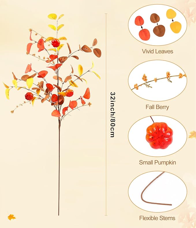 Beferr Fall Eucalyptus Stems Christmas Decor - 5Pcs 32" Tall Faux Eucalyptus Leaves Pumpkins Branches Autumn Thanksgiving Farmhouse Harvest Fireplace Table Centerpiece Home Decorations