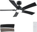 46 Inch Ceiling Fans with Lights and Remote, Black Ceiling Fan, Downrod Style with 5 Blades, Modern Design For Indoor Bedroom Living Room/Outdoor, 6 Speed Reversible DC Motor, 3CCT Dimmable LED