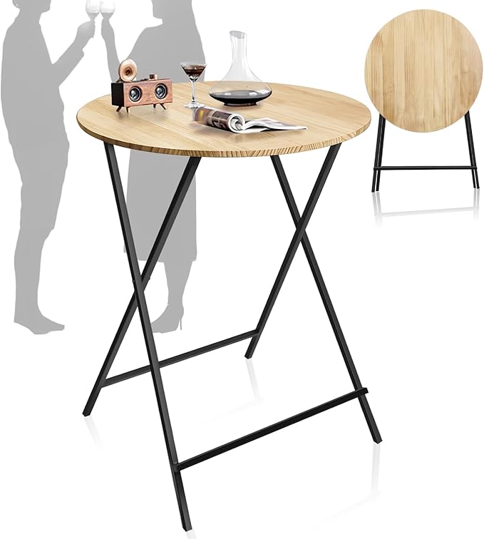 Outdoor Bar Height Table Wood 44.6'' Height, 31.5'' Round Folding Cocktail Tables Wooden Pub Desk, One-Piece Installation Kitchen Dining Table for Patio, Party, Balcony, Backyard, Poolside, Events