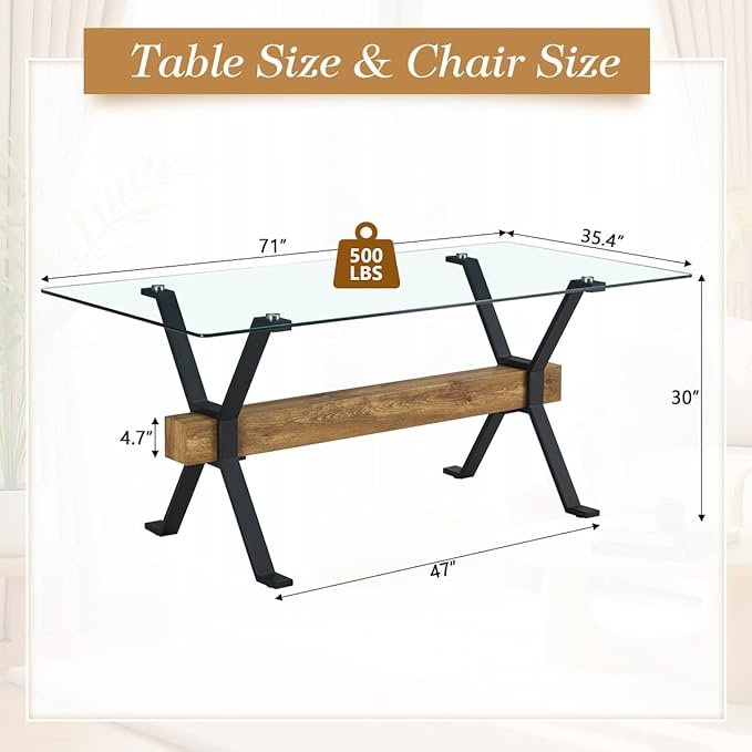 Glass Dining Table 71"｜Modern Dining Table for 6-8｜0.4" Thick Tempered Glass Top｜Matte Black Metal Legs｜Wooden Crossbar｜Easy Assembly｜Perfect for Dining Room or Kitchen