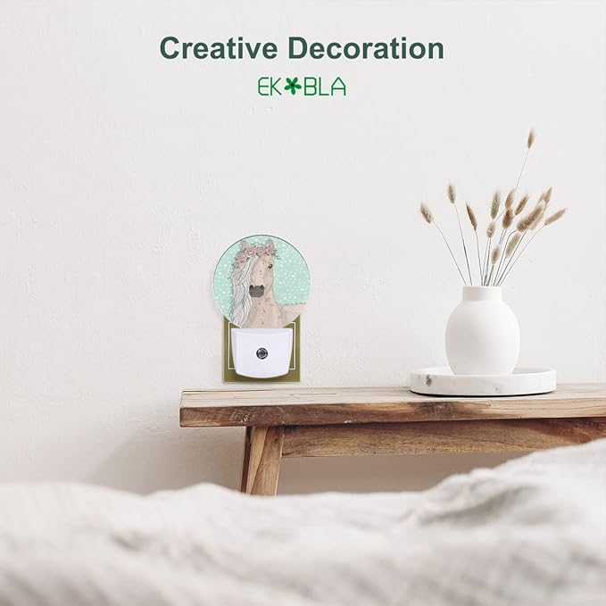 EKOBLA Watercolor Horse Plug-in Night Light, Horse with Floral Wreath LED Nightlight with Dusk to Dawn Sensor for All Ages