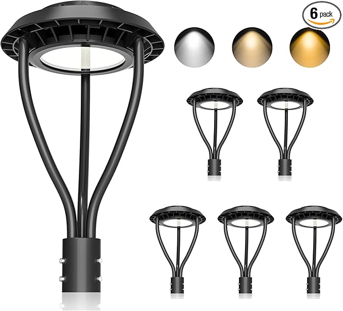 KUKUPPO 6Pack 80W LED Post Top Light ETL Listed 11200Lm Adjustable CCT 3000K/4000K/5000K, Adjustable Wattage 80W/64W/48W Outdoor Pole Light Fixture with Photocell IP65 Waterproof AC100-277V