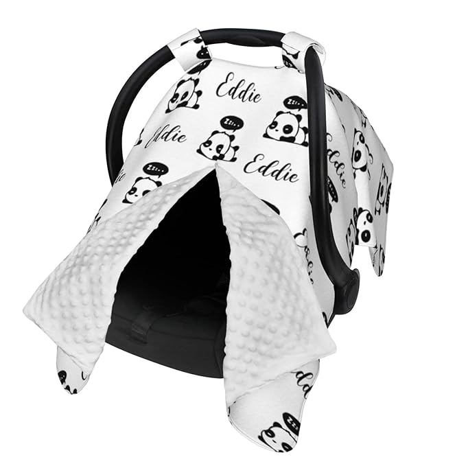Personalized Baby Car Seats Canopy for Babies with Name, Custom Multi-use Covers for Baby Boys Girls, Cute Little Panda Minky Nursing Breastfeeding Stroller Cover Canopies for Newborn Infant