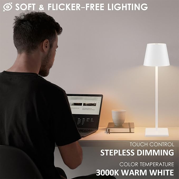 2-Pack Rechargeable Table Lamps, LED Cordless Table Lamp, 3W 5500mAh Battery Operated Table Light, Stepless Dimming Portable Table Light Waterproof for Restaurant/Indoor/Outdoor (White)