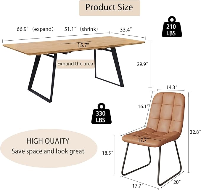 ZckyCine Modern Dining Table and Chair Set for 4 – Rectangular Expandable Wooden Table, Space-Saving Multifunctional Design for Small Spaces
