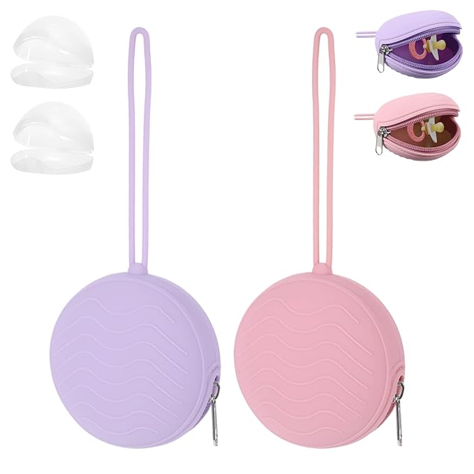 2 Pack Pacifier Holder Case, BPA-Free Silicone Portable Pacifier Case Holder Pouch for Baby Boys & Girls, Travel Storage Container for Newborn, Diaper & Strollers(Pink/Purple)
