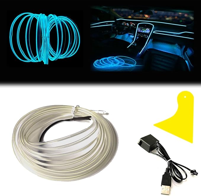 El Wire Ice Blue Interior Car LED Strip Lights, 5M Neon Wire USB 5V with Fuse Protection for Automotive Interior Decoration, with 6mm Sewing Edge