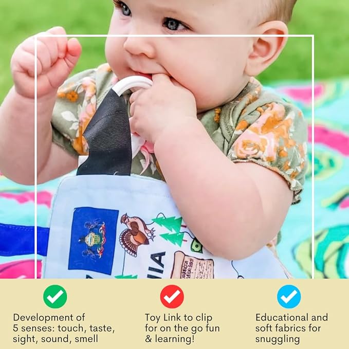 Baby Jack & Co 8x8” Learning Lovey Minnesota State Tag Stroller Toy for Babies - Crinkle Toys for Developing Five Senses - Learn About Capitals - Travel with Baby Jack - BPA Free Clip
