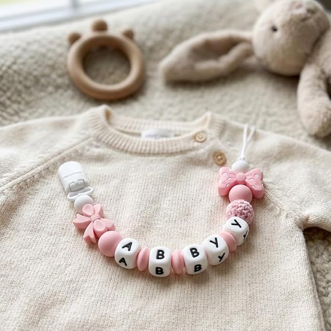 Personalized Name Pacifier Clips Nipples Holder Chain,Custom Baby Name Accessories Newborn Boy Girl Pacifier Clip(Pink)