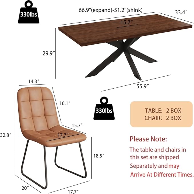 ZckyCine Modern 7-Piece Dining Table Set, 51''-67'' Extendable Walnut Wood Rectangular Table with Metal Legs and 6 PU Leather Chairs, Kitchen & Dining Room Furniture for 6, Easy Assembly