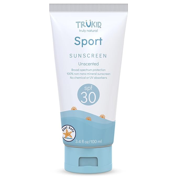 TruKid Sport Mineral Sunscreen SPF 30 - All Natural Kids & Baby Sunscreen for Face & Body, Non-Toxic Zinc Oxide Sunblock Protection for Sensitive Skin, Unscented, FSA Eligible, Travel Size 3.4oz