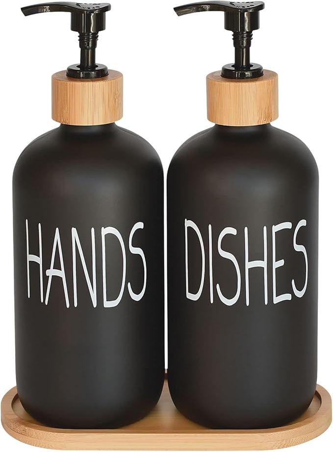 Glass Soap Dispenser Set. Hand and Dish with Bamboo Tray. Vintage Pump for Kitchen Drain Outlet Bathroom. Stylish Permanent Labels (Matte Black)