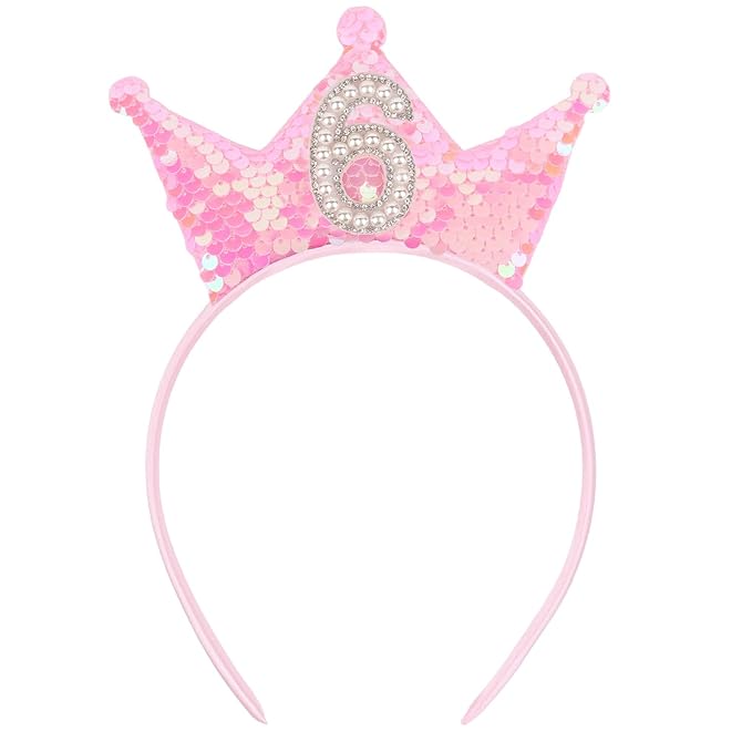Birthday Crown Headband Pink Glitter Headbands for Girls Gifts for 6 Year Old Girl 6th Birthday Decorations for Girls