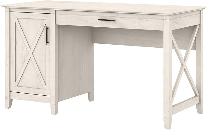 Bush Furniture Key West Computer Desk with Storage, Farmhouse PC Table for Home Office in Linen White Oak, 54W x 24D