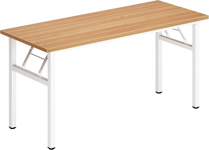 SDHYL 62 inches No Assembly Foldable Computer Desk for Home Office Workstation, Modern Large Folding Study and Writing Table with Metal Frame, Teak and White