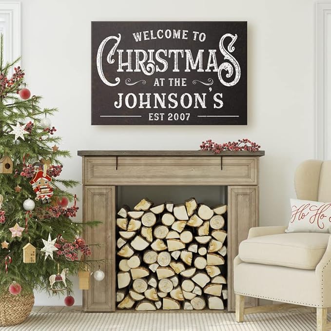 Milweb1 Personalized Family Name Welcome To Christmas/Rustic Vintage Farmhouse Holiday Decor Canvas Sign Holiday Decorations Wall Decor Print (8"x10")