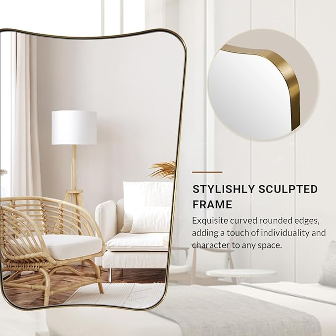 ANDY STAR 30x48 Inch Brushed Gold Mirror, Large Asymmetrical Wall Mirror, Antique Gold Mirror in Anti-Rust Stainless Steel Frame, Unique Designed Frame Ideal for Home Remodel