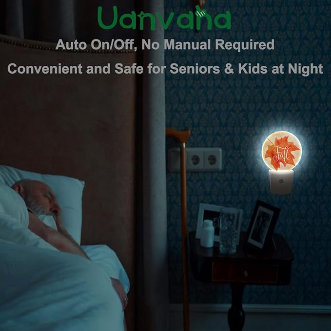 Fall Plug-in Nightlight Watercolor Autumn Maple Leaf Night Light Auto Dusk-to-Dawn Sensor LED Lighting for Bedroom Bathroom Kitchen Home Decor Orange
