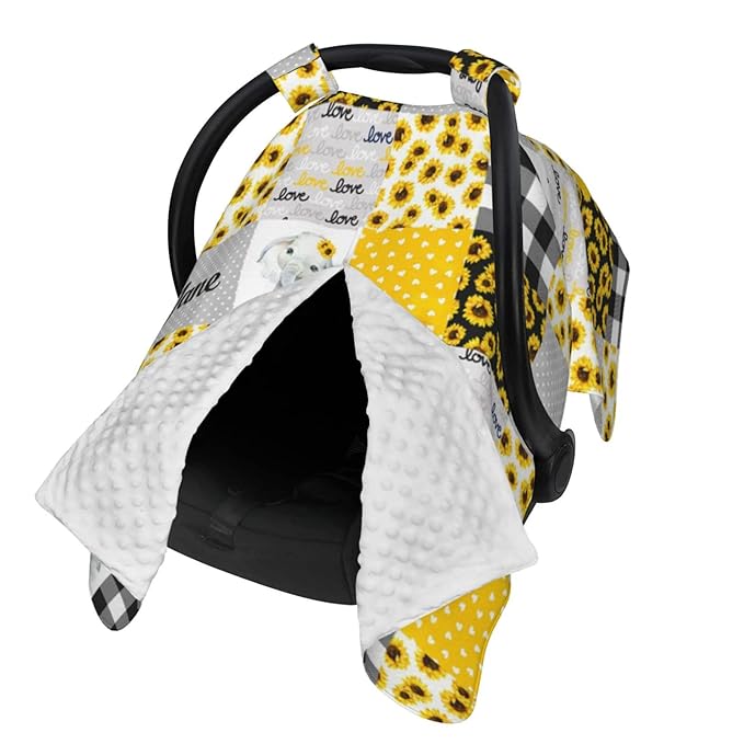 Personalized Elephant and Sunflower Plaid Baby Car Seat Canopy for Babies with Name, Customized Stroller Car Seat Covers for Girls Boys, Minky Nursing Carseat Cover for Breastfeeding, Newborn
