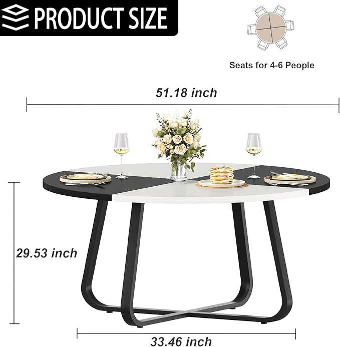 LVB Round Dining Table for 4 to 6 People, Industrial Wood Dining Room Table,51 Inch Farmhouse Kitchen Table for Home Kitchen Living Room,Black and White Oak