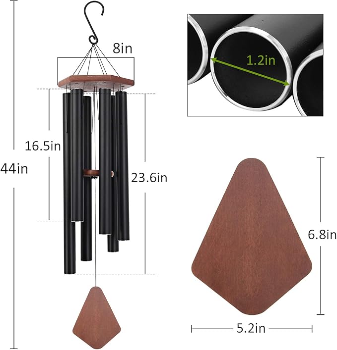 Wind Chimes for Outside Large Deep Tone, 44 Inch Black Memorial Windchimes, Outdoor Wind Chimes Gifts for Housewarming, Mother's Day, Christmas, Patio Garden Yard Decoration