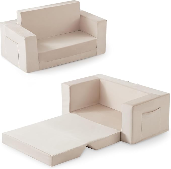Kids Couch, 2-in-1 Toddler Chair Comfy 1-3 Years, Convertible Kids Chair, Toddler Couch That Fold Out, Kid Lounge Chairs for Boys and Girls, Soft Coral Fleece, Double, Beige