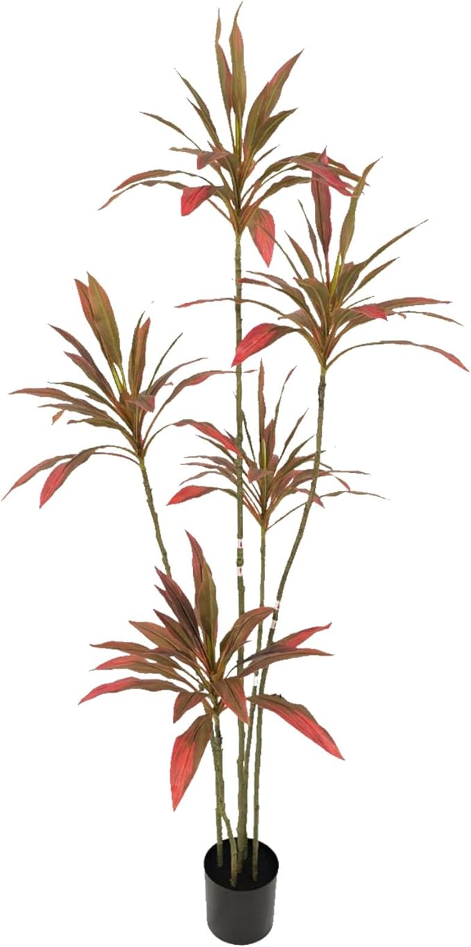 Artificial Cordyline Plant, Indoor Potted Plant, 5 Stems with Black Planter, Suitable for Large Indoor Living Room Decorations, Potted Plants, and Window Display Scenes (Red-6ft)