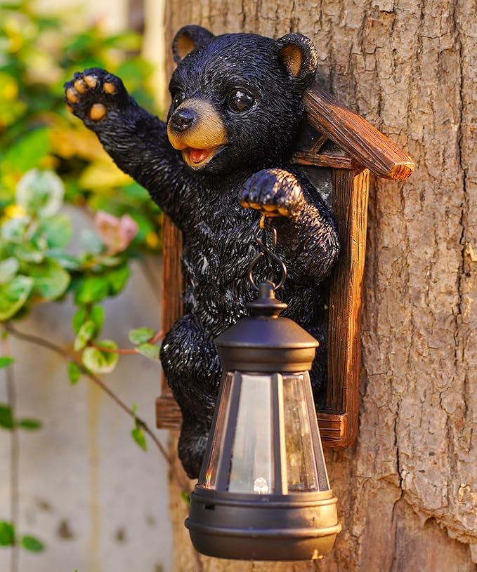 Bear Tree Hugger with Solar Lantern - Resin Bear Statue for Outdoor Garden Decor - Ideal Housewarming & Birthday Gifts for Grandma Mom Women